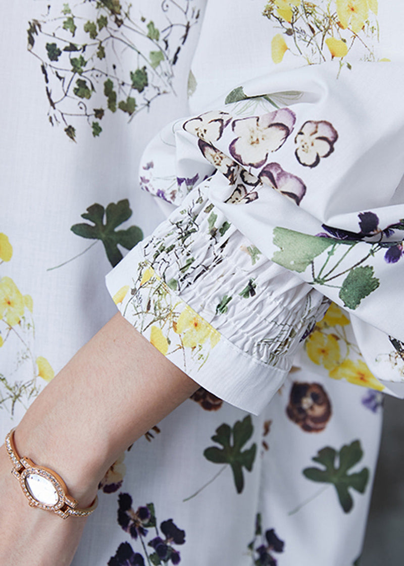 White Print Lace Up Chiffon Shirts Summer