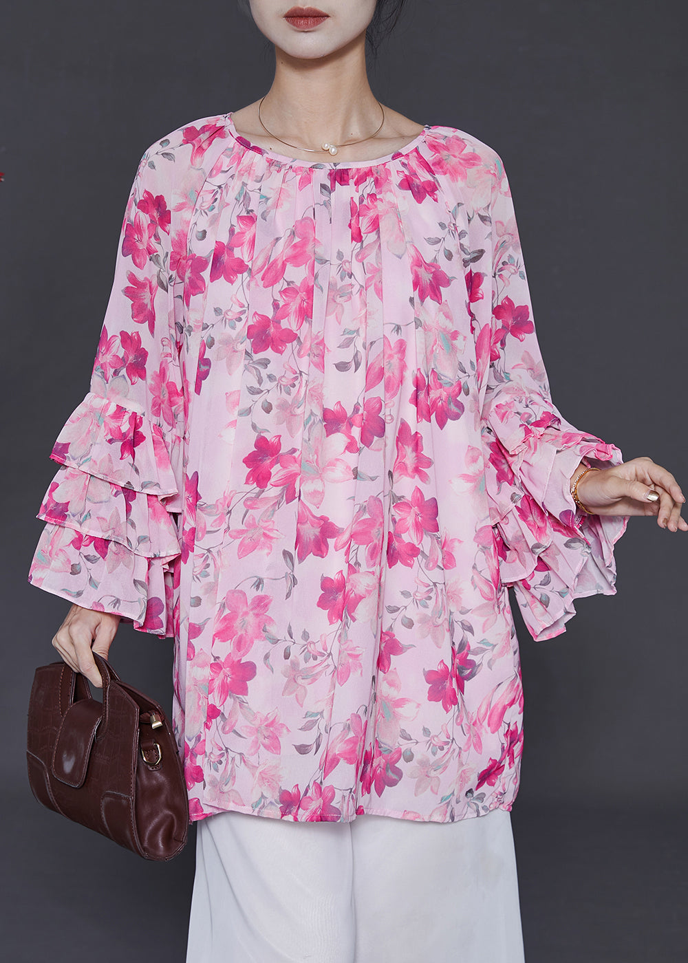Pink Oversized Print Chiffon Shirt Top Flare Sleeve