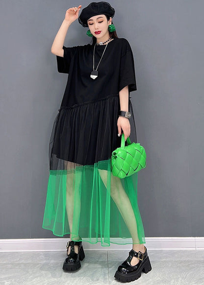 Black O-neck Tulle Patchwork Cotton Robe Dresses Short Sleeve