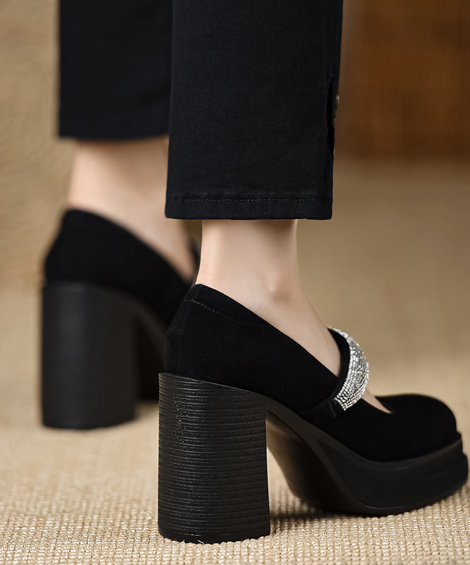 European and American Style Suede High Heels Splicing Zircon Buckle Strap