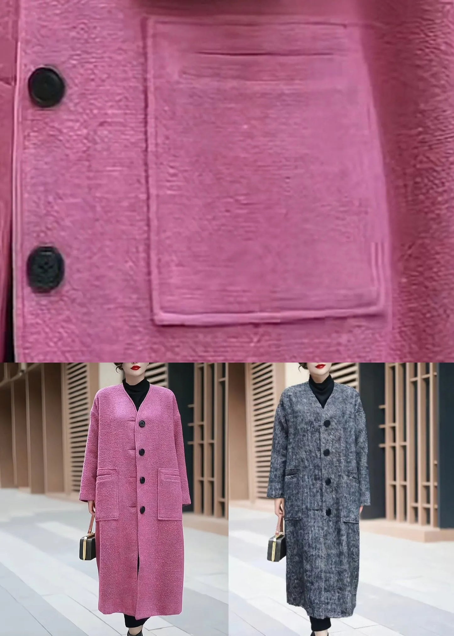 Pink Pockets Back Side Open Woolen Coats Winter
