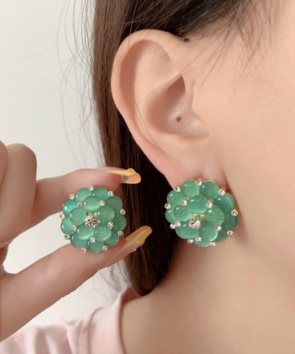 Stylish Green Alloy Zircon Cat's Eye Stud Earrings