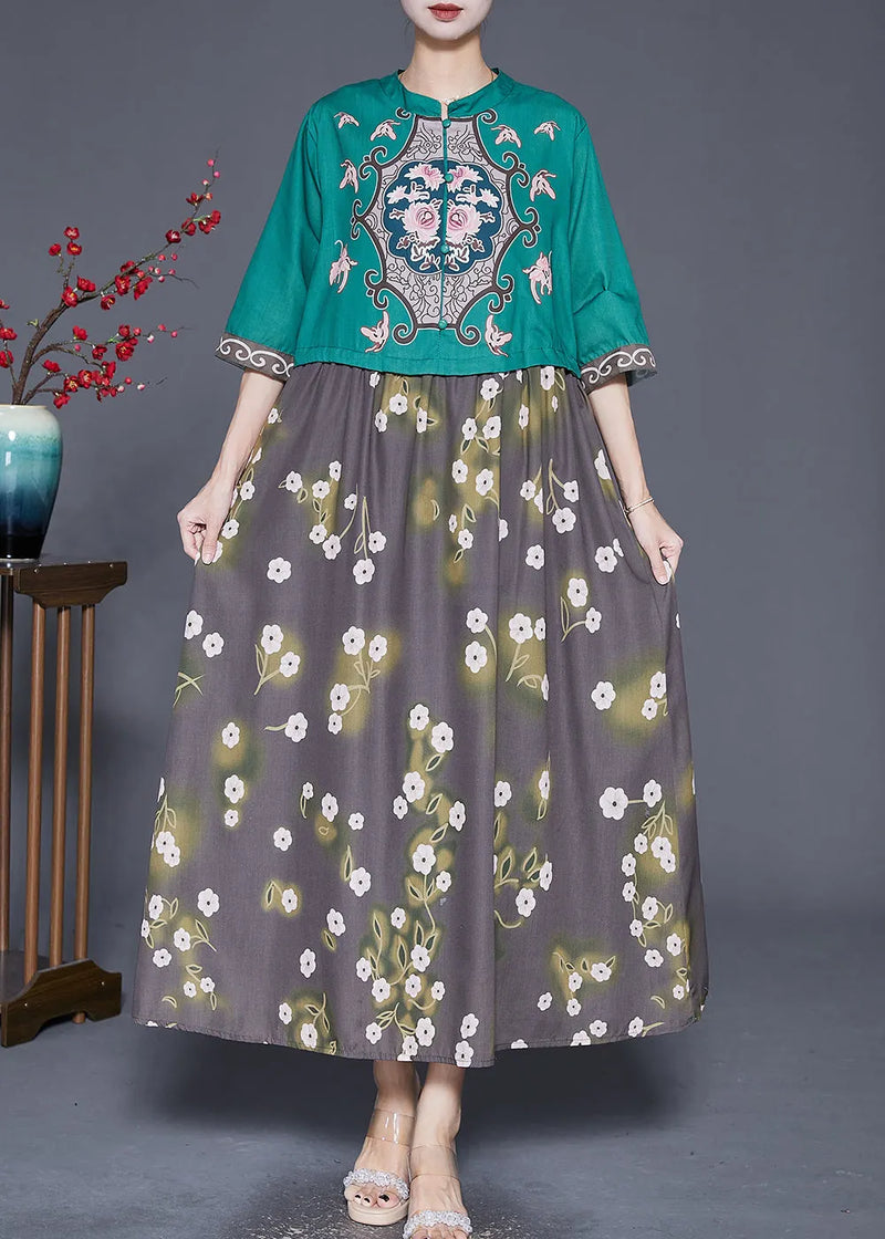 Boutique Green Print Patchwork Fake Two Piece Dress Half Sleeve