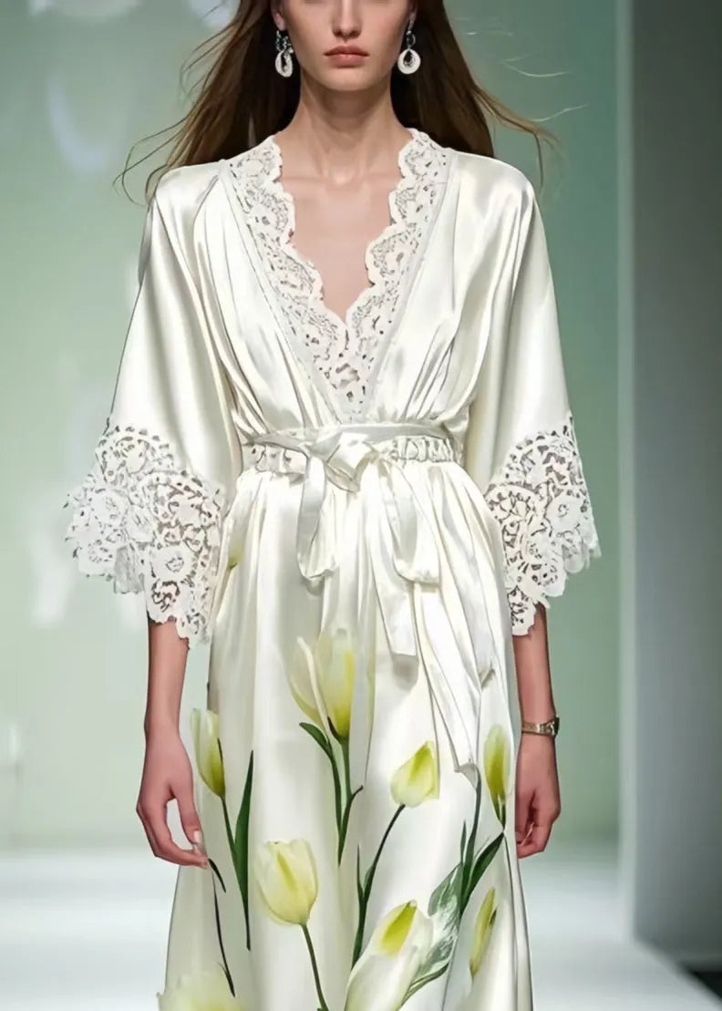 White Print Patchwork Lace Tunic Dress Summer