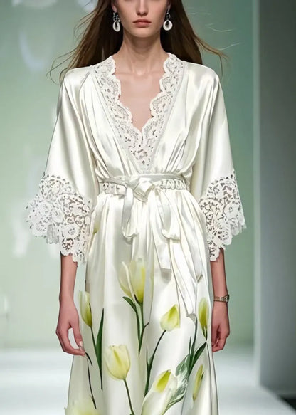 White Print Patchwork Lace Tunic Dress Summer