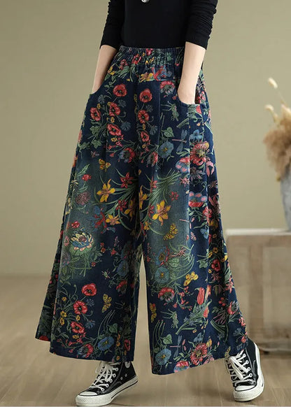 Navy Oversized Print Denim Wide Leg Pants Summer