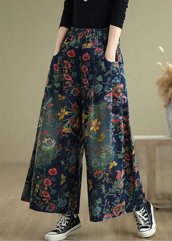 Navy Oversized Print Denim Wide Leg Pants Summer