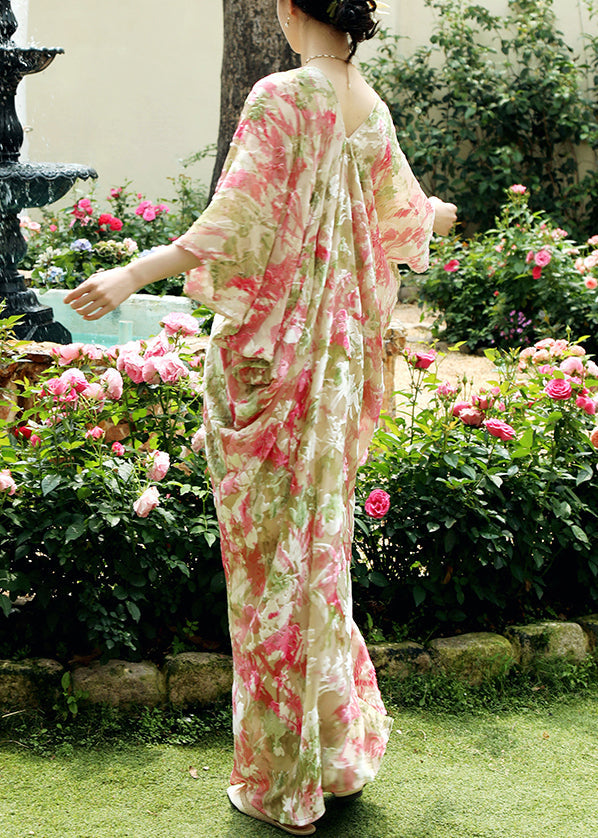 Pink Print Wrinkled Silk Maxi Dresses Batwing Sleeve