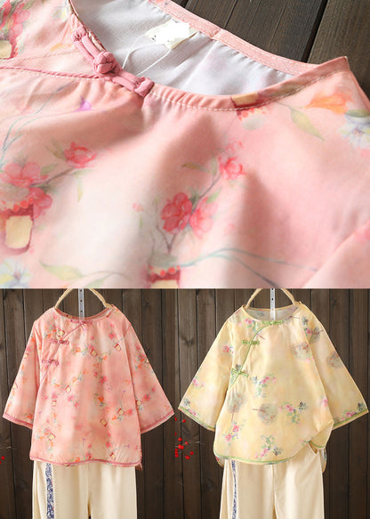 Pink Asymmetrical Print Cotton Linen Blouse Tops Bracelet Sleeve
