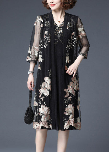 Yellow Embroideried V Neck Tulle Cardigans and Tank Dress Two Piece Set Half Sleeve