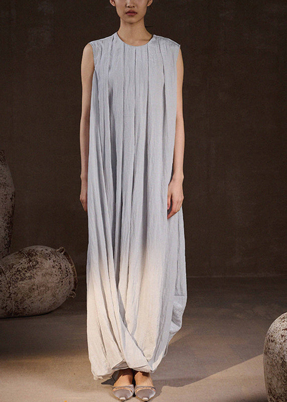 Loose Light Blue O-neck Wrinkled Long Dress Sleeveless