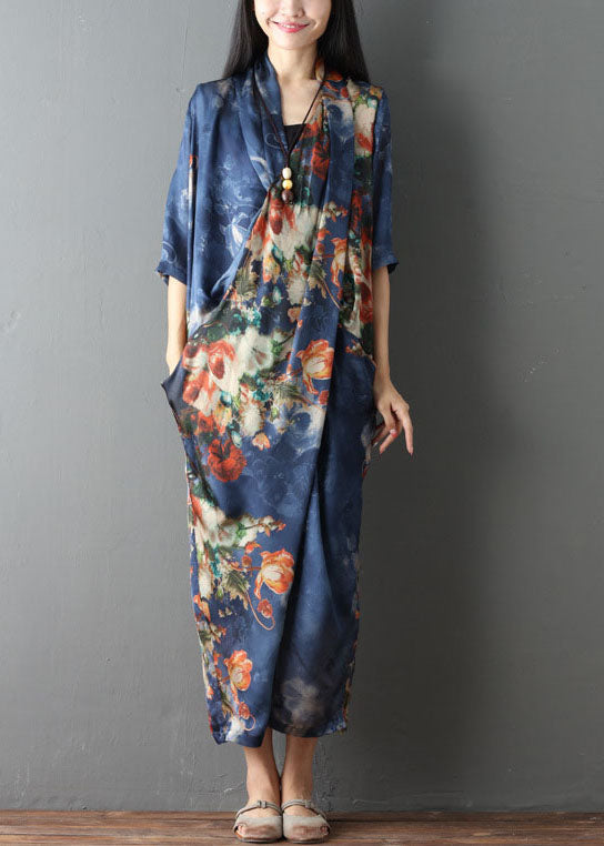 Blue Pockets Print Asymmetrical Design Fall Dress Half Sleeve