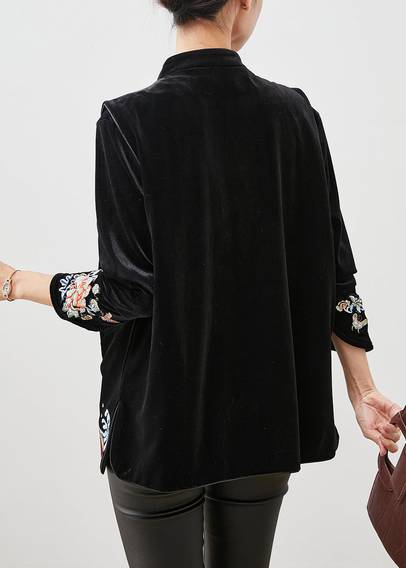 Black Embroideried Silk Velour Shirt and Vest Two Pieces Set Spring