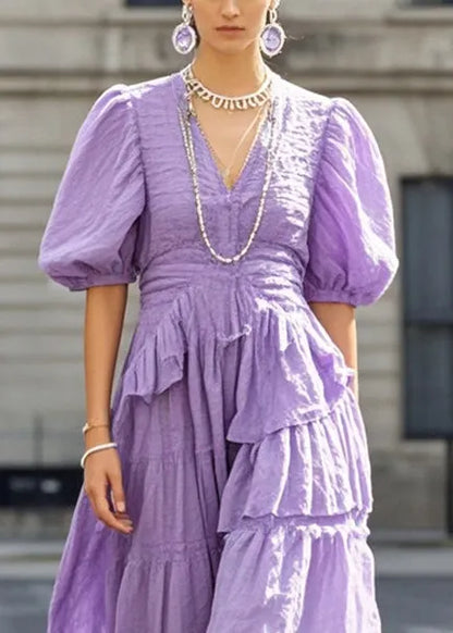 Purple Puff Sleeve Exra Large Hem Cotton Long Dresses Summer