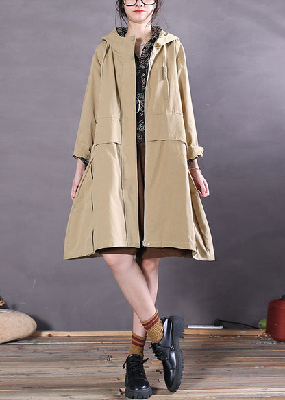 Khaki Zip Up Pockets Cotton Trench Coats Spring