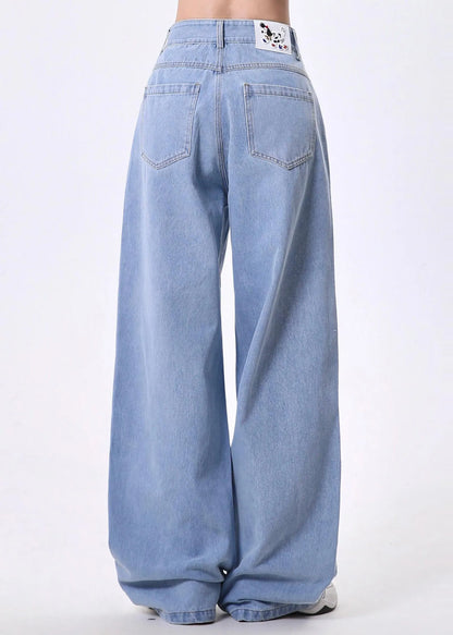 Diy Blue Animal Embroidered Denim Straight Pants Spring