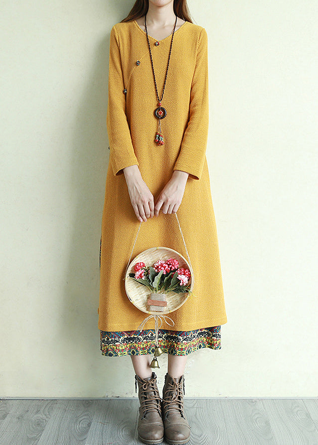Yellow Button V Neck Patchwork Long Dresses Long Sleeve