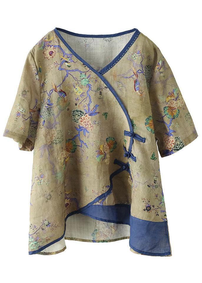 Simple Dark Blue Print Ramie Oriental Summer Tops