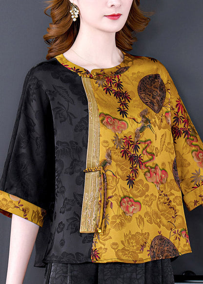 Yellow O-neck Print Button Tops Bracelet Sleeve