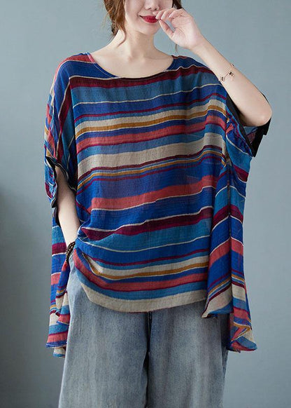 Italian Blue Asymmetric Striped Tee Batwing Sleeve