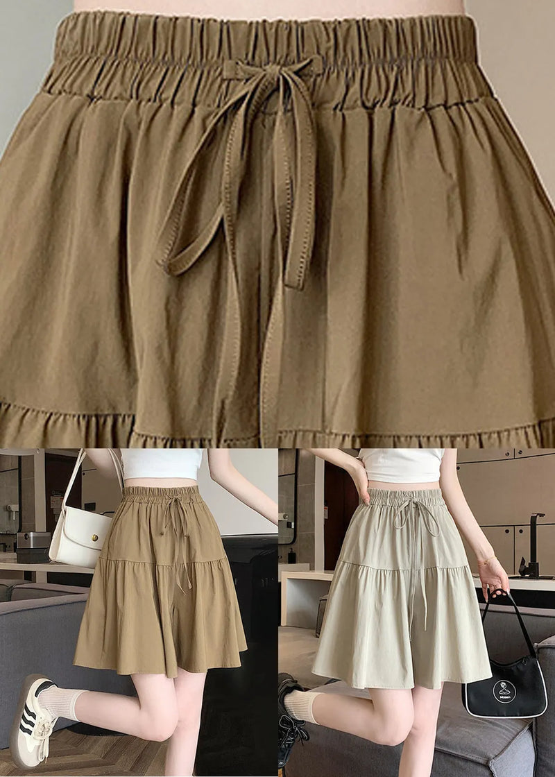 Khaki Pockets Elastic Waist Cotton Shorts Summer