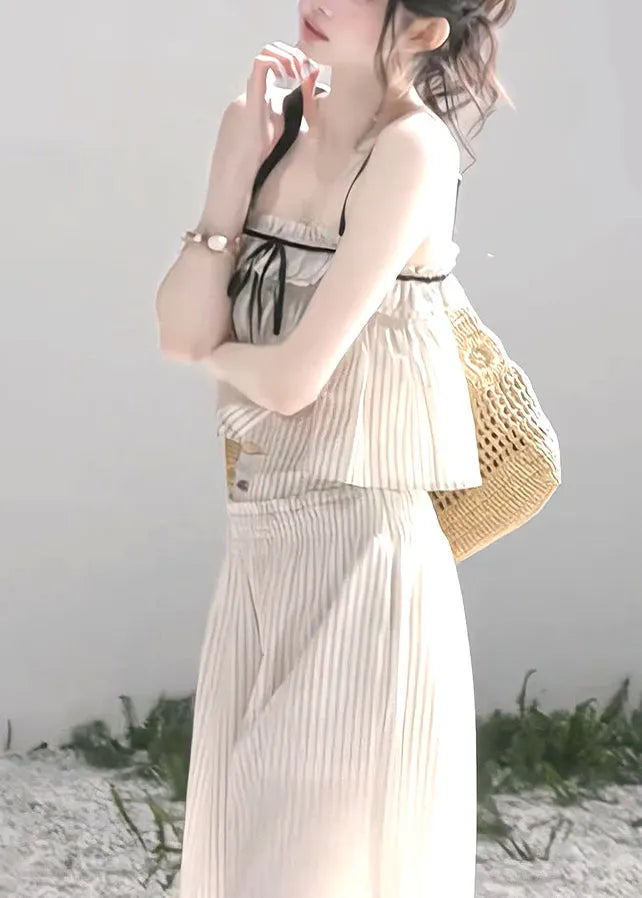 Modern Beige Ruffled Striped Cotton Bow Sets 2 Pieces Summer