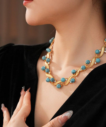 Blue Turquoise Alloy Zircon Gratuated Bead Necklace