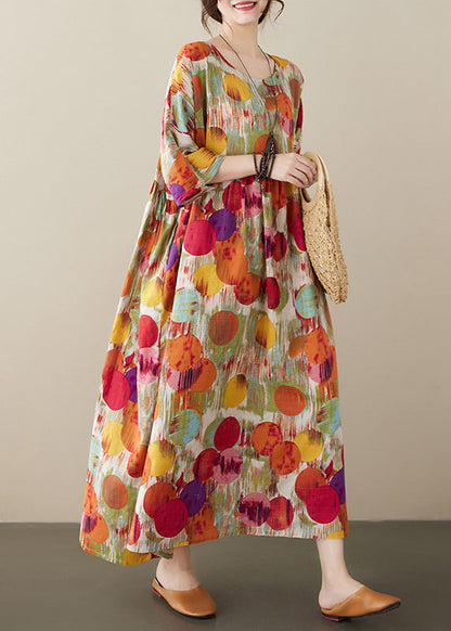 Red O-nec Print Wrinkled Maxi Dresses Half Sleeve