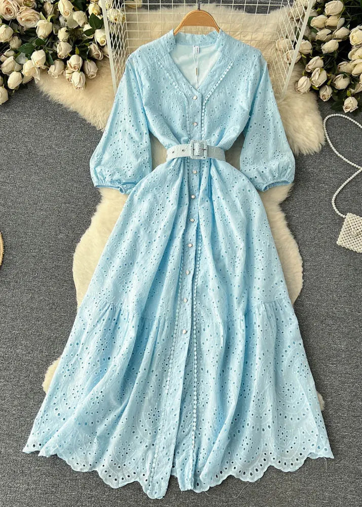 Purple Button Hollow Out Cotton Shirts Dress Long Sleeve