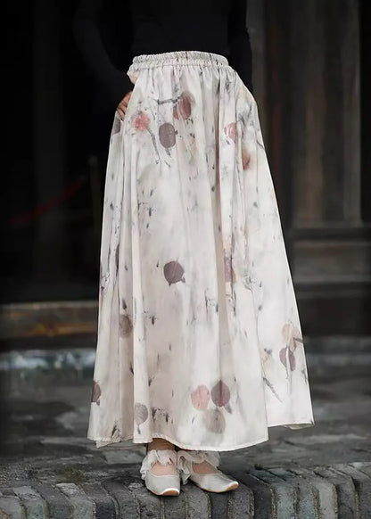 New Print Pockets Elastic Waist Silk Skirts Summer