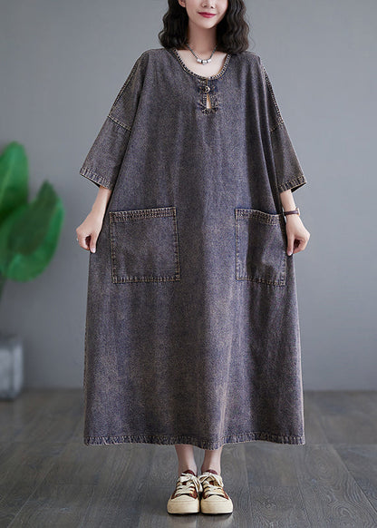 Patchwork Pockets Holiday Denim Long Dress Bracelet Sleeve