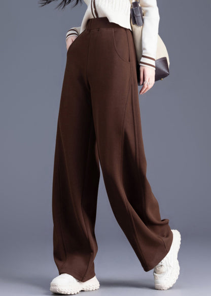 Coffee Pockets Elastic Waist Warm Fleece Pants