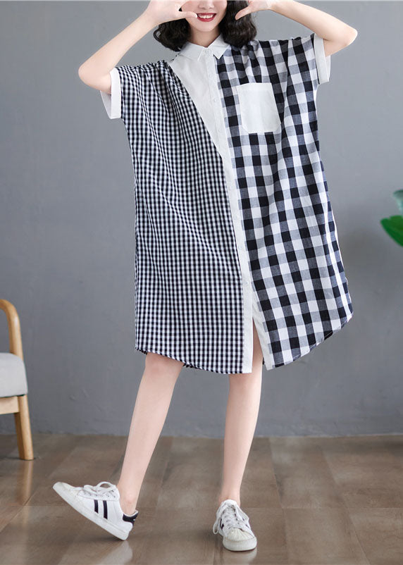 Black White Plaid Peter Pan Collar Asymmetrical Design Patchwork Cotton Shirt Dress Short Sleeve