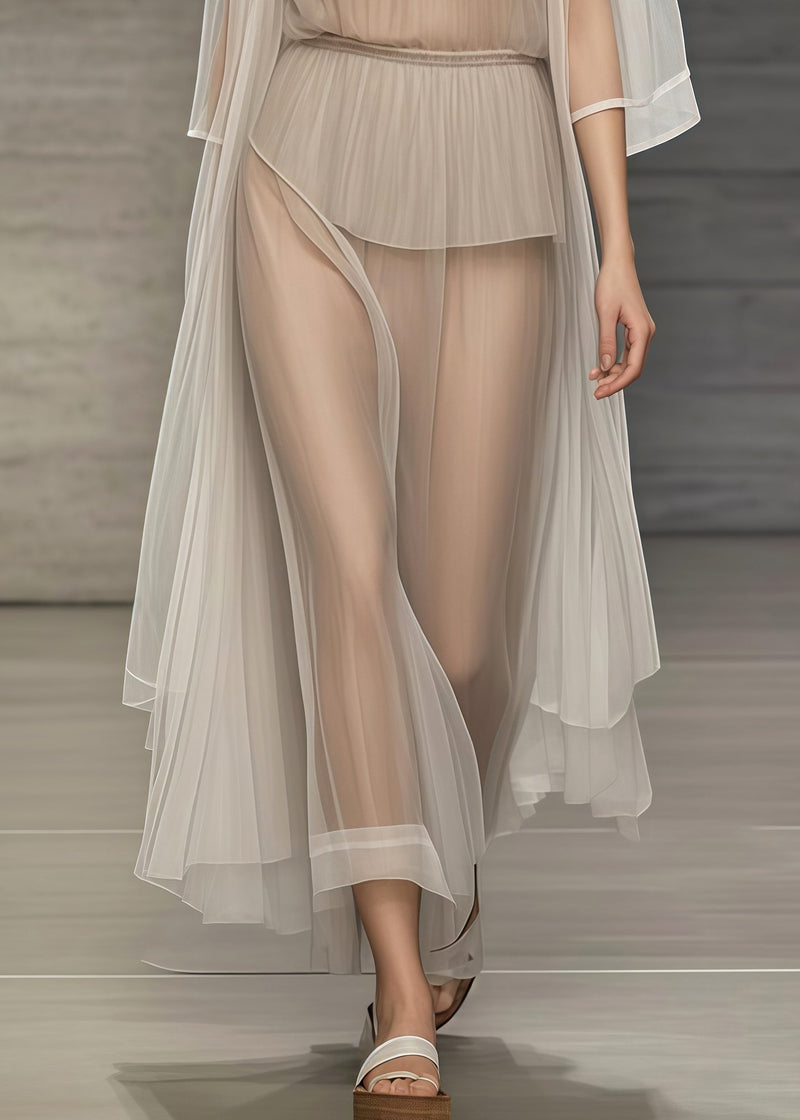 Khaki Oversized Sheer Tulle Beach Two Pieces Set Summer