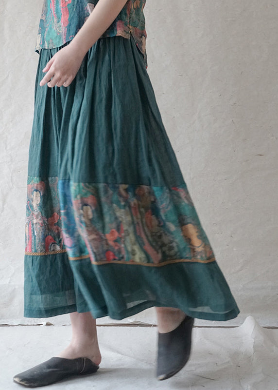 Retro Green Elastic Waist Drawstring Print Patchwork Linen Skirt Spring