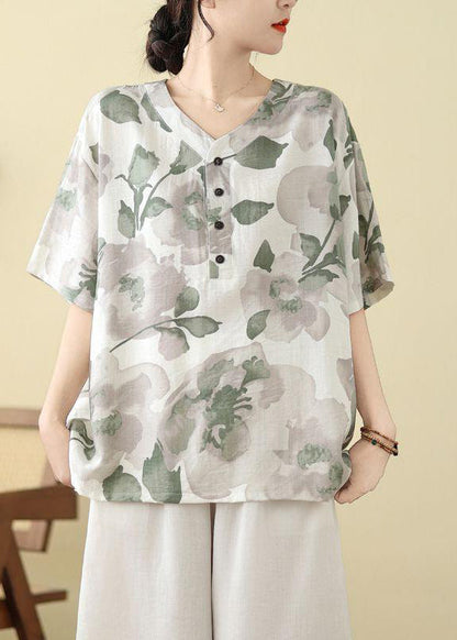 White Print Button T Shirt Summer