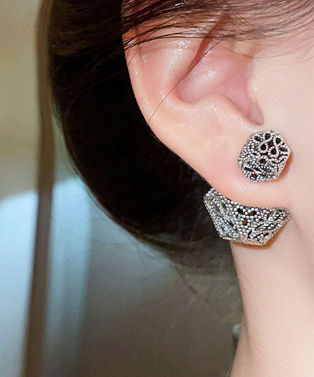 Retro Black Copper Hollow Out Geometry Stud Earrings