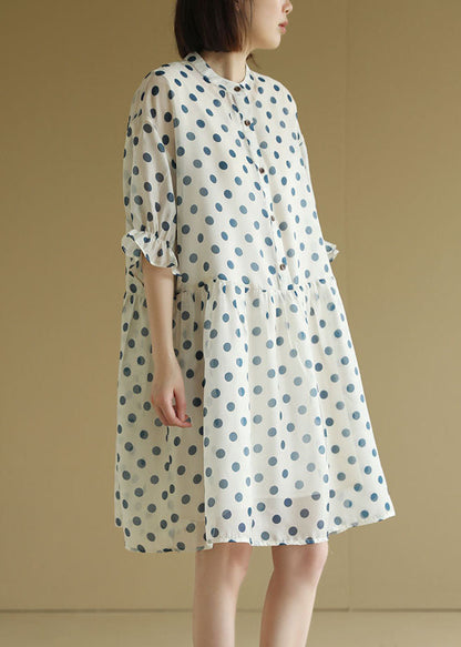 Beige O-neck Dot Print Chiffon Maxi Dresses Half Sleeve