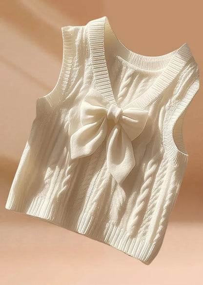 Art Beige V Neck Bow Cozy Knit Waistcoat Sleeveless Fall