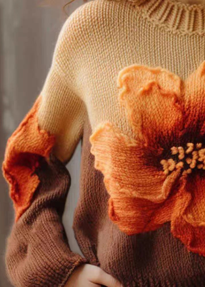 Brown O Neck Cotton Knit Sweaters Long Sleeve