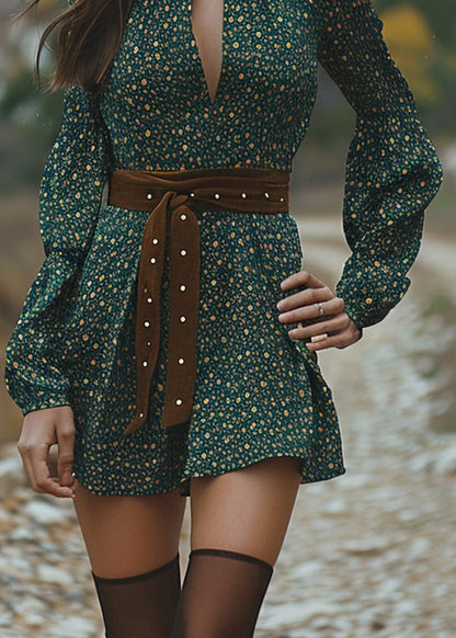 Pastoral Style Green V Neck Long Sleeve Short Dress