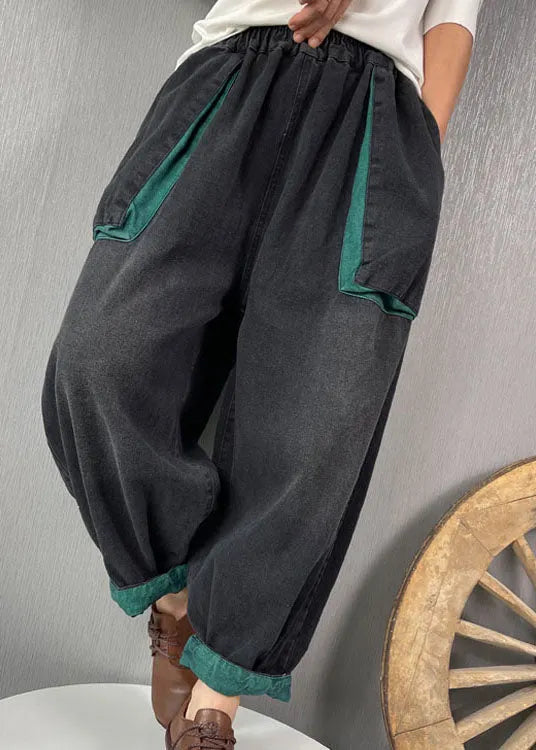 Classy Black Elastic Waist Pockets Denim Pants Spring