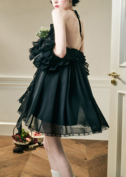 Black Ruffled Chiffon Mini Dresses Butterfly Sleeve