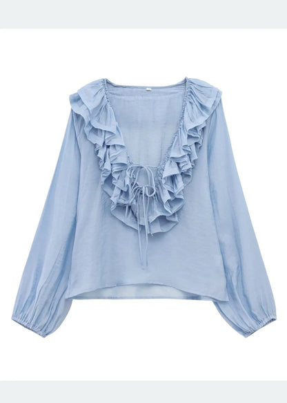 Sky Blue Ruffled Cotton Shirt Tops Summer