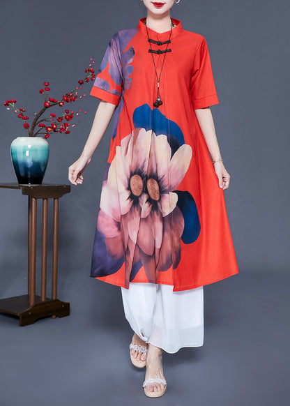 Red Chinese Button Print Silk Two Pieces Set Summer