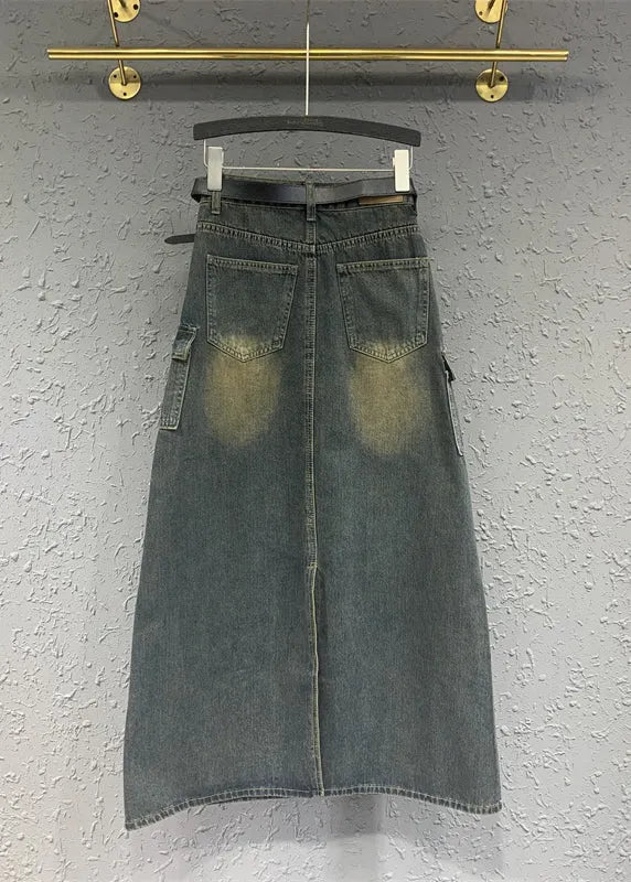Fitted Blue High Waist Design Pockets Patchwork Denim Skirts Spring
