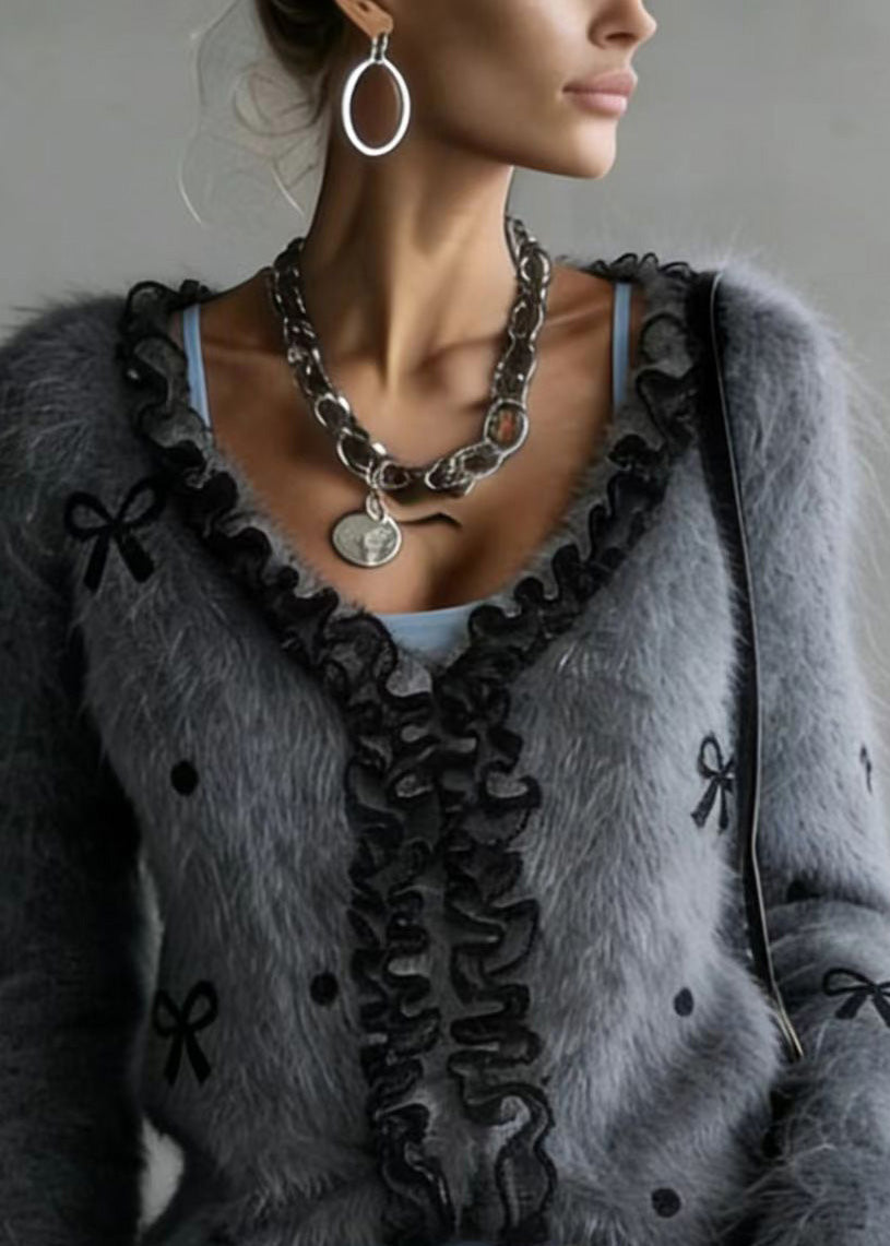Grey Ruffled Patchwork Faux Fur Fluffy Knitted Top Spring