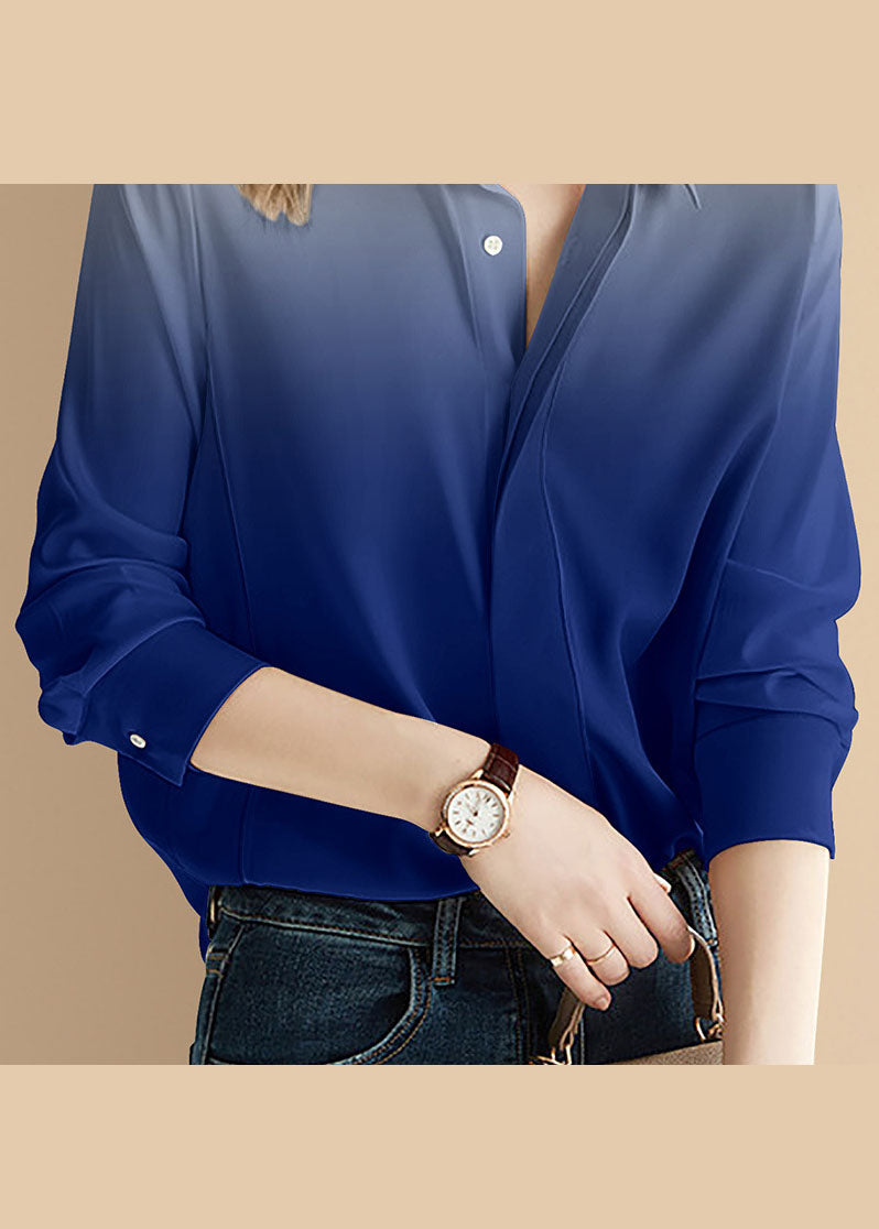 French Gradient Color Blue Button Peter Pan Collar Shirt Long Sleeve