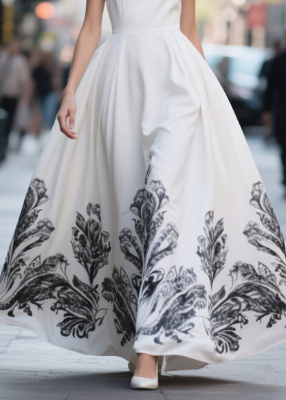 White Print Exra Large Hem Chiffon Party Dresses Summer