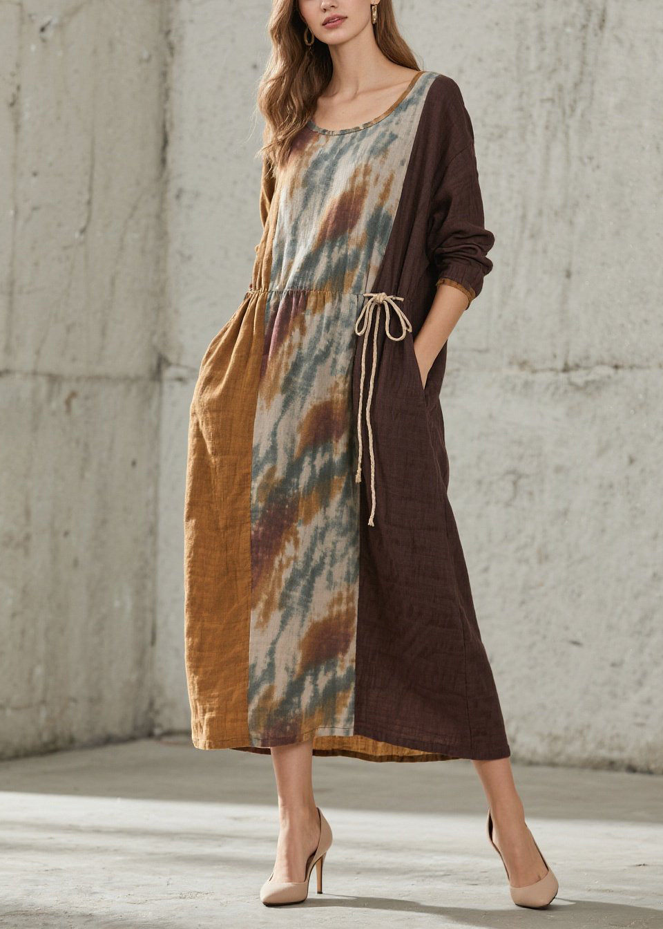 O Neck Print Lace Up Cotton Maxi Dresses Fall